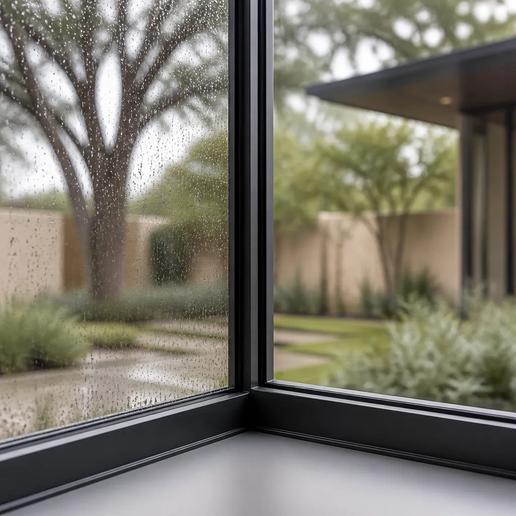 Modern black corner window frame looking out at rainy landscape