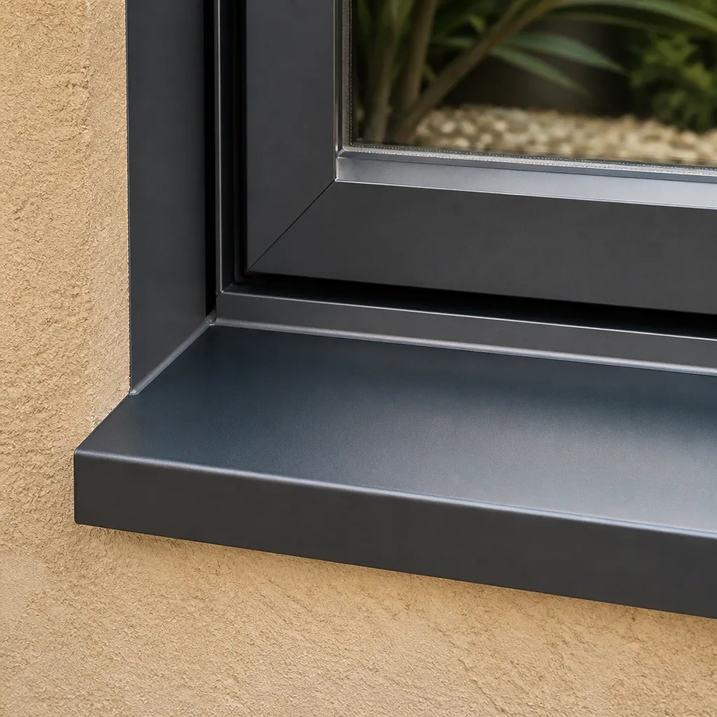 Modern dark gray aluminum window frame installed in a stucco wall