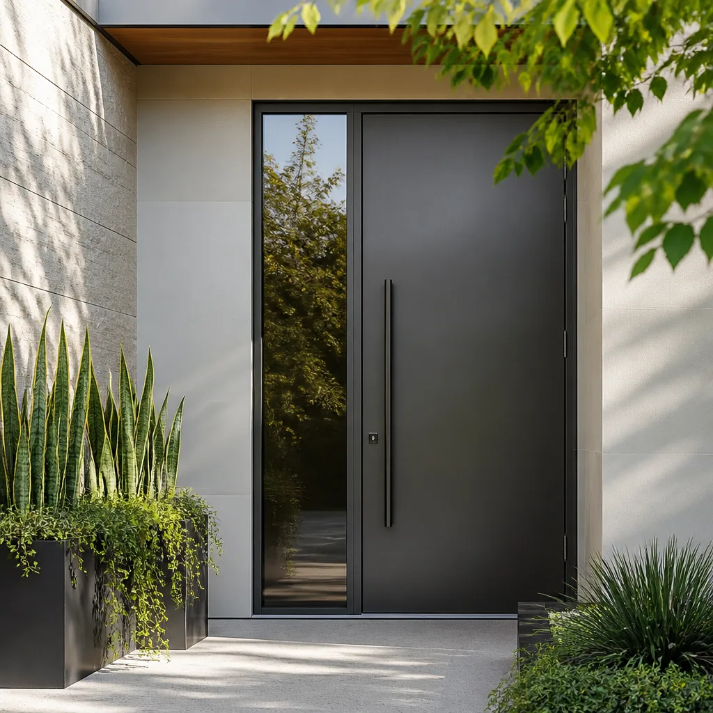 Modern matte black pivot entry door with side glass panel installation in Austin, TX