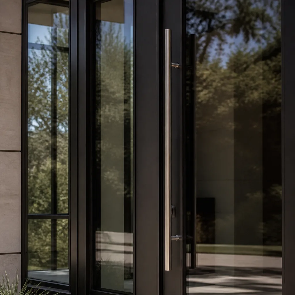 Modern glass door with sleek metal handle after professional installation in Austin, TX
