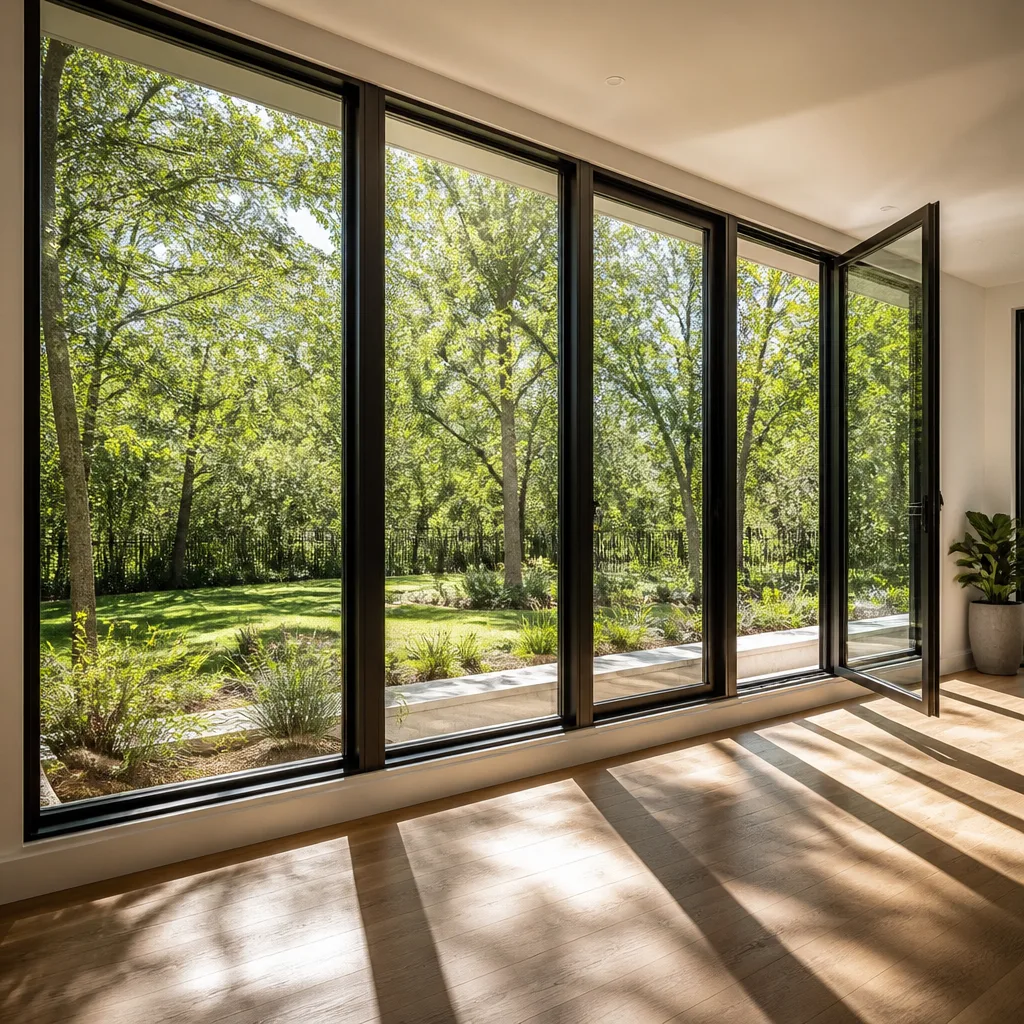 Modern floor-to-ceiling windows and patio door installation in a residential room in Austin, TX