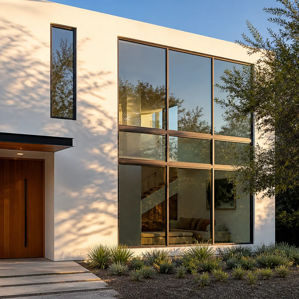 Modern residential window installation featuring large glass panels on white exterior in Austin, TX