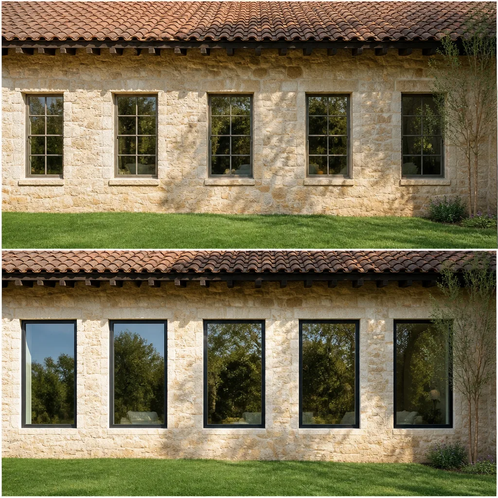 Residential window replacement before and after comparison of stone exterior home in Austin, TX