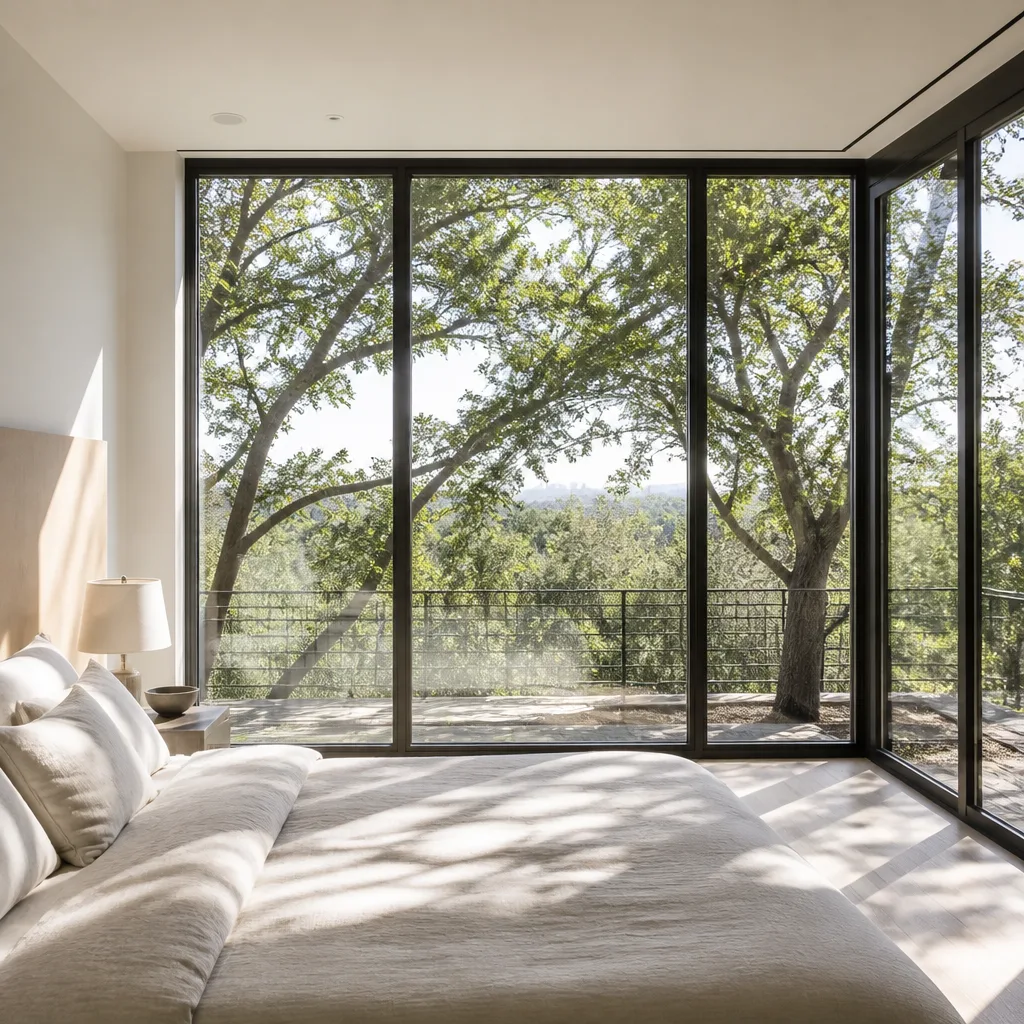Modern floor-to-ceiling window replacement in a minimalist bedroom overlooking nature in Austin, TX